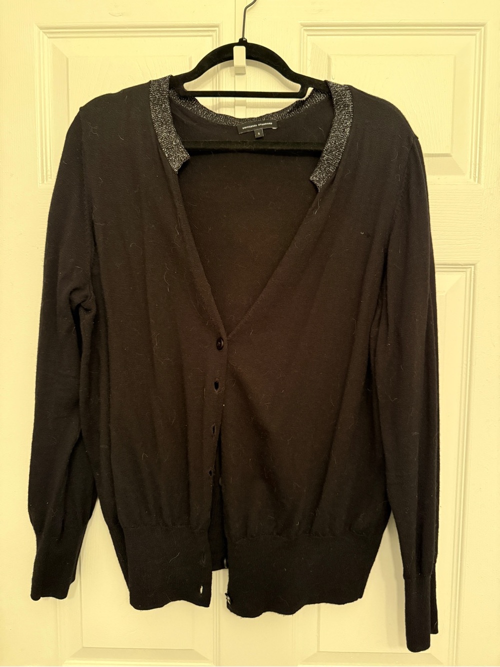 Universal Standard Black V-Neck Cardigan with Metallic Trim